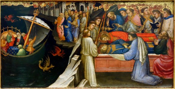 Predella Panel Representing the Legend of St. Stephen, by Mariotto di Nardo, 1408, view 3, Devils Agitating the Sea and the Re-internment in Rome, tempera on panel - National Museum of Western Art, Tokyo - DSC08093