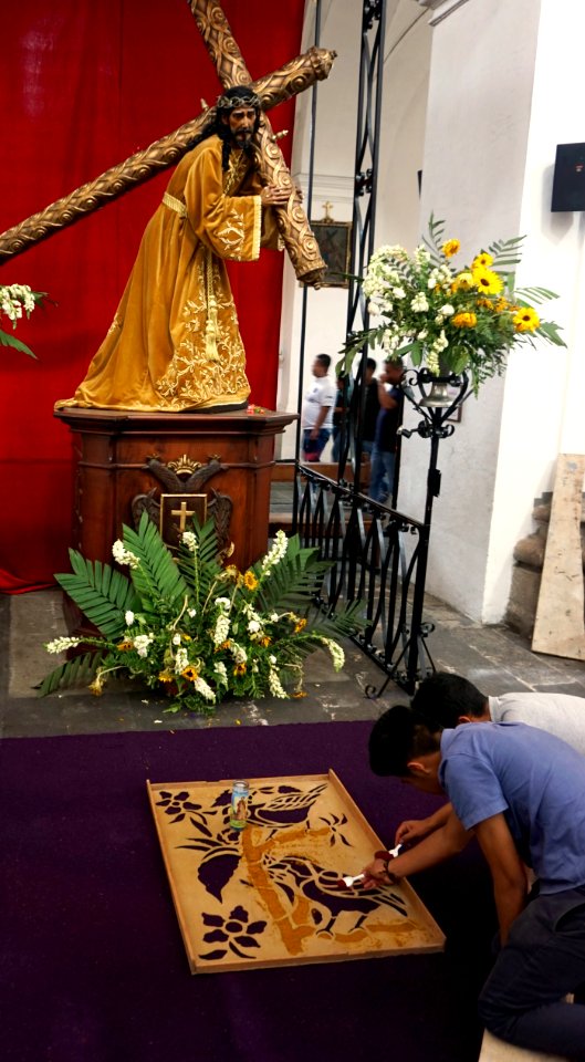 Preparing carpet for Semana Santa in Antigua, Guatemala