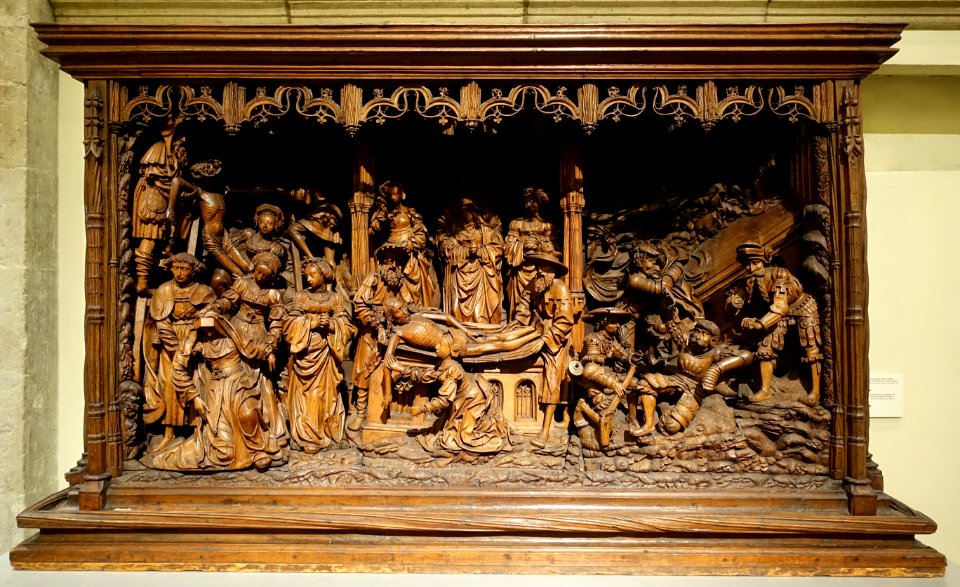 Predella with scenes from the Passion of Christ, socle of an altarpiece, Follower of Henrik Douwermann, probably Kalkar, c. 1540, oak - Museum Schnütgen - Cologne, Germany - DSC00085