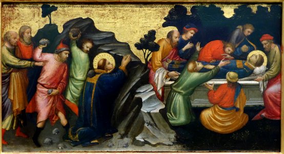 Predella Panel Representing the Legend of St. Stephen, by Mariotto di Nardo, 1408, view 2, The Stoning & Burial of St. Stephen, tempera on panel - National Museum of Western Art, Tokyo - DSC08091