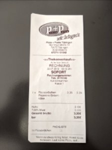 Rechnung bei Pizza+Pasta in Tübingen