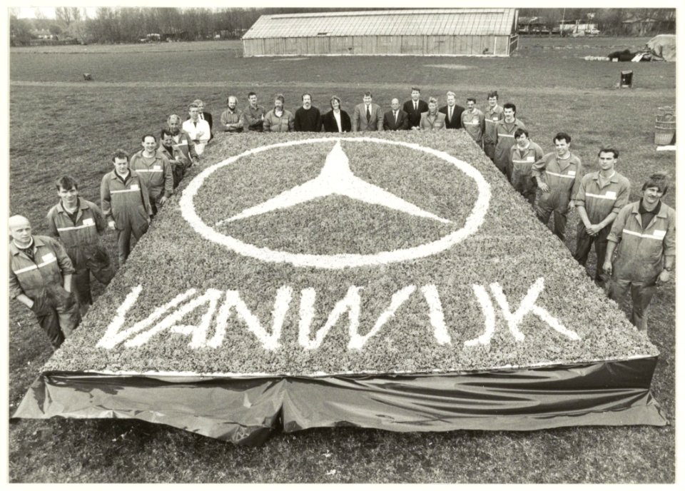 Reclame-kunstwerk van bloemen gemaakt door leerlingen van de Zocherschool. Een mooie promotie voor Mercedes-dealer van Wijk, gevestigd aan de Zijlweg, nabij de Westelijke Randweg. NL-HlmNHA 54031452