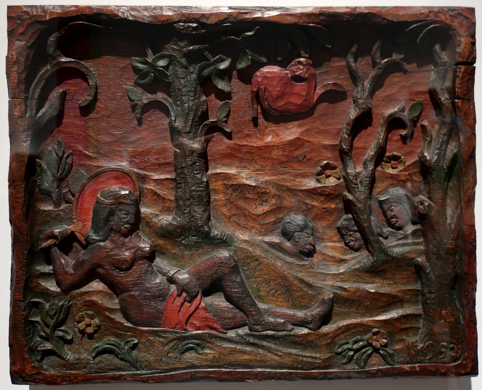 Reclining Woman with a Fan by Paul Gauguin, c. 1889, painted oak
