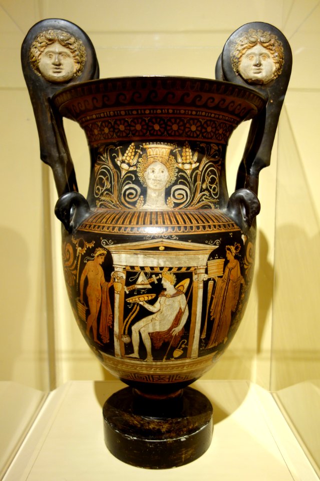 Red figure wine bowl (volute-krater), view 1, Greek, Apulia, South Italy, attributed to the Baltimore Painter, c. 330-310 BC, ceramic - Fitchburg Art Museum - DSC08677