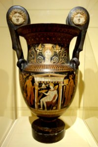 Red figure wine bowl (volute-krater), view 1, Greek, Apulia, South Italy, attributed to the Baltimore Painter, c. 330-310 BC, ceramic - Fitchburg Art Museum - DSC08677