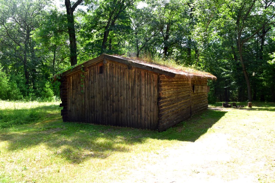 Reconstructed XY Company trading post, rear, Forts Folle Avoine Historical Park