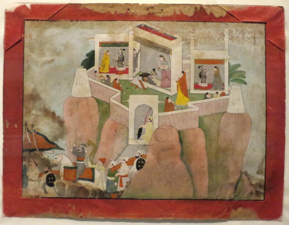 Rana Hamir leaving Ranthamore Fort for Battle, Kangra school watercolor, Tokyo National Museum