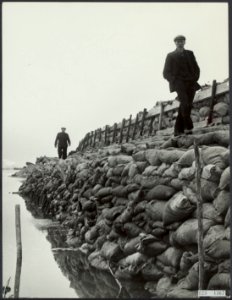 Rampen, watersnood, zandzakken, mannen, Bestanddeelnr 123-1367
