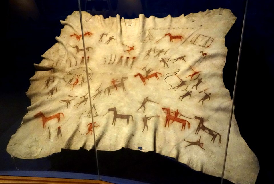 Raw Eater's Story Robe, Siksika, late 1800s, depicting battles with Cree enemies, elk hide - Glenbow Museum - DSC00955