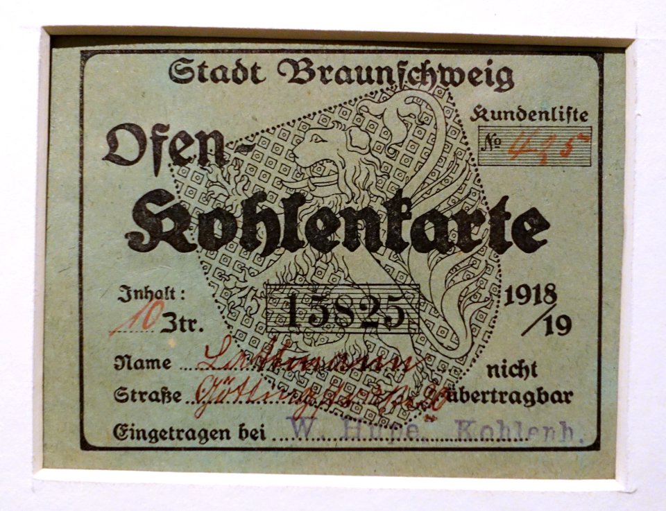 Ration card for coal, Braunschweig, 1918 AD - Braunschweigisches Landesmuseum - DSC04687