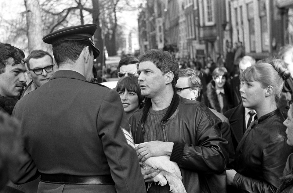 Rel op Prinsengracht, Jan Wolkers met kip bij politie-agent, Bestanddeelnr 918-9356