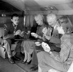 Reizigers ontspannen zich aan boord van een KLM passagiersvliegtuig, Bestanddeelnr 252-1241