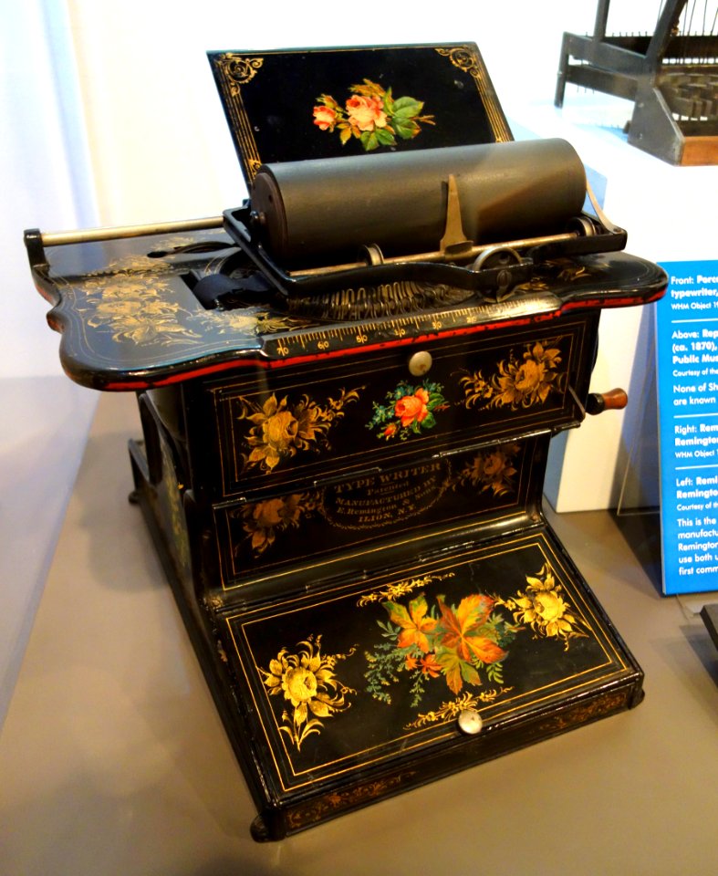Remington No. 1 typewriter, made by Remington & Songs, Ilion, NY, 1873-1878, the first Sholes & Glidden model typewriter made by Remington - Wisconsin Historical Museum - DSC02802