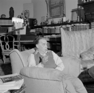 Remarque in gesprek, zittende in een armstoel in zijn woonkamer in de villa in P, Bestanddeelnr 254-4726
