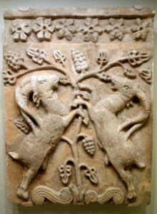 Relief plaque with confronted ibexes, Iran, Sasanian period, 5th or 6th century AD, stucco originally with polychrome painting - Cincinnati Art Museum - DSC03952