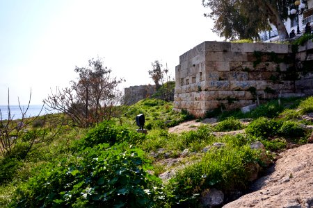 Remains of two towers from the Walls of Conon (4th cent. B.C.) on Akti Themistokleous in Piraeus on 22 February 2019