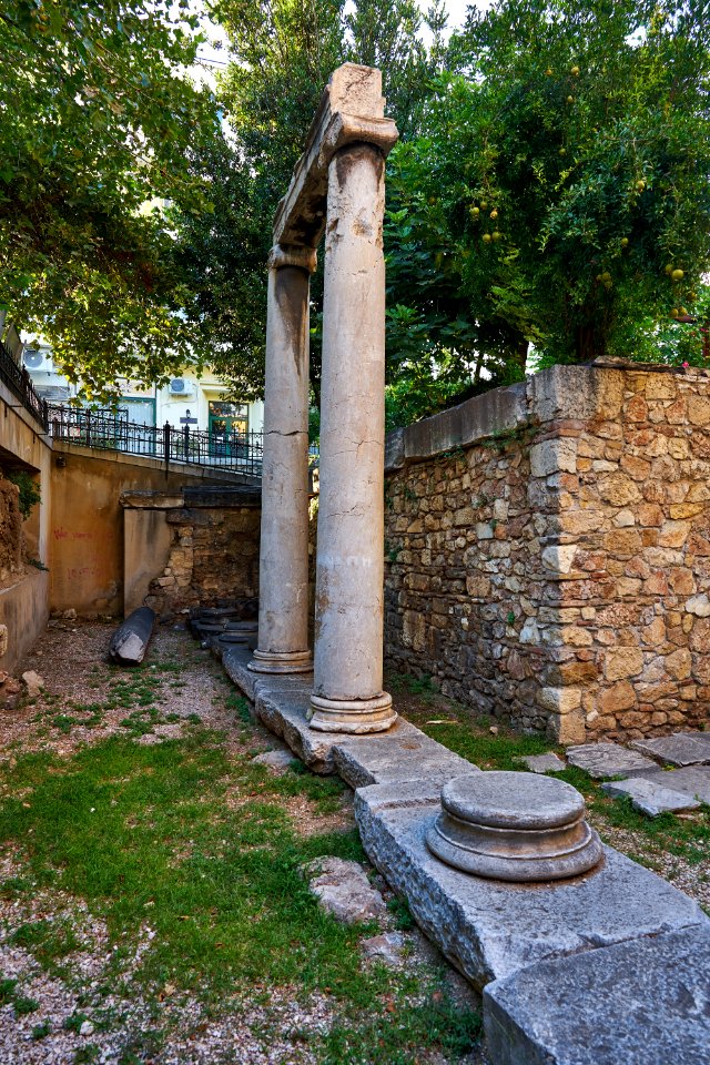 Remains of a peristyle in the courtyard of the Byzantine Church of Saint Catherine in Plaka on August 13, 2020