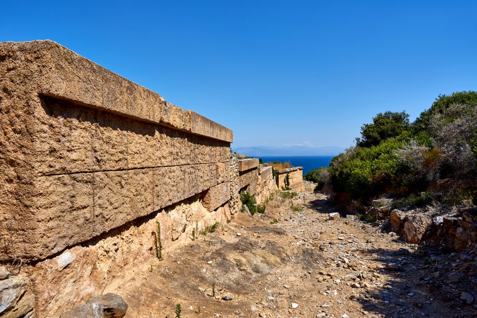 Remains of burial monuments on the ancient road at Rhamnous on July 22, 2020