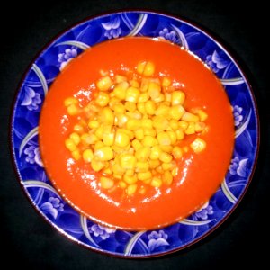 Red pepper and tomato soup with corn, chilled - Massachusetts