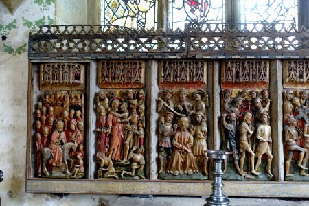 Redredos, 1 of 3, alabaster - Chapel of St Nicholas, Haddon Hall - Bakewell, Derbyshire, England - DSC02512