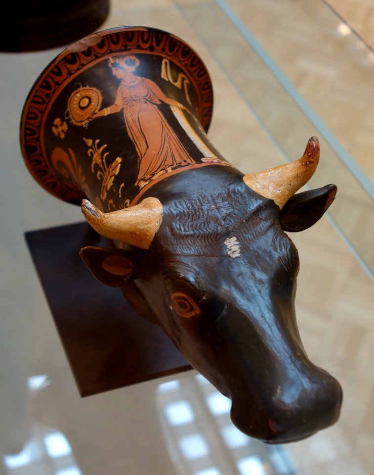 Red-Figure Rhyton in the Shape of a Bull Head, Greek, South Italy, Apulia, 2nd quarter of 4th century BC, earthenware with slip decoration - Chazen Museum of Art - DSC02696