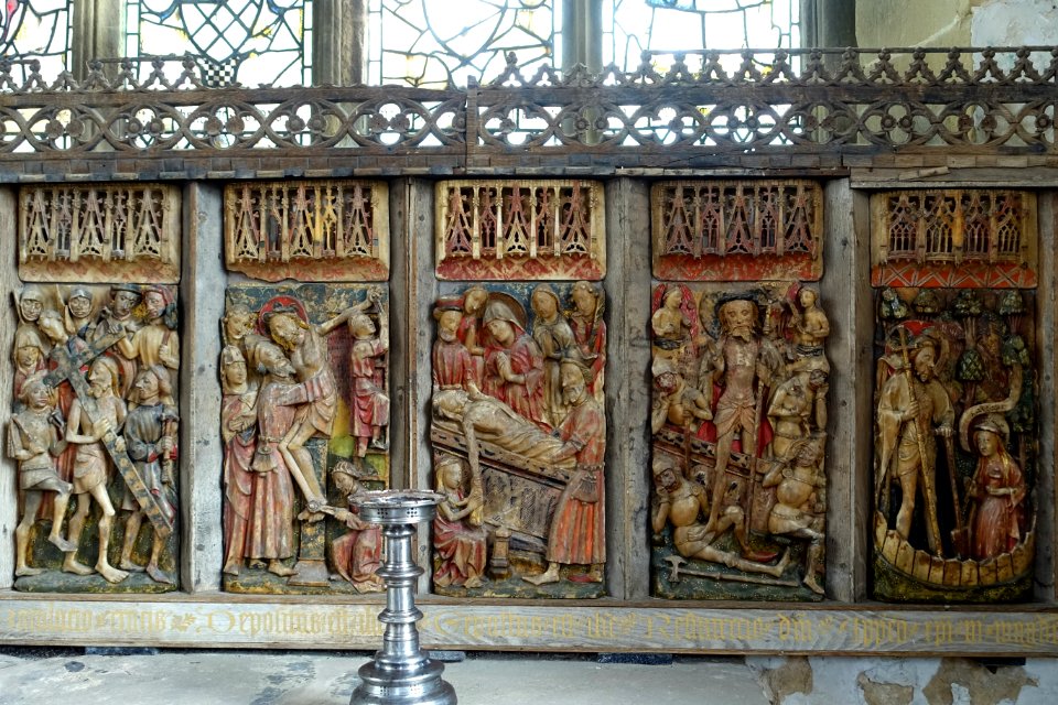 Redredos, 3 of 3, alabaster - Chapel of St Nicholas, Haddon Hall - Bakewell, Derbyshire, England - DSC02515