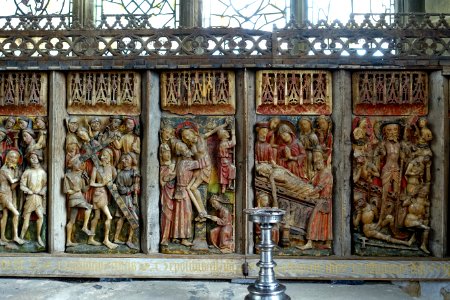 Redredos, 2 of 3, alabaster - Chapel of St Nicholas, Haddon Hall - Bakewell, Derbyshire, England - DSC02514