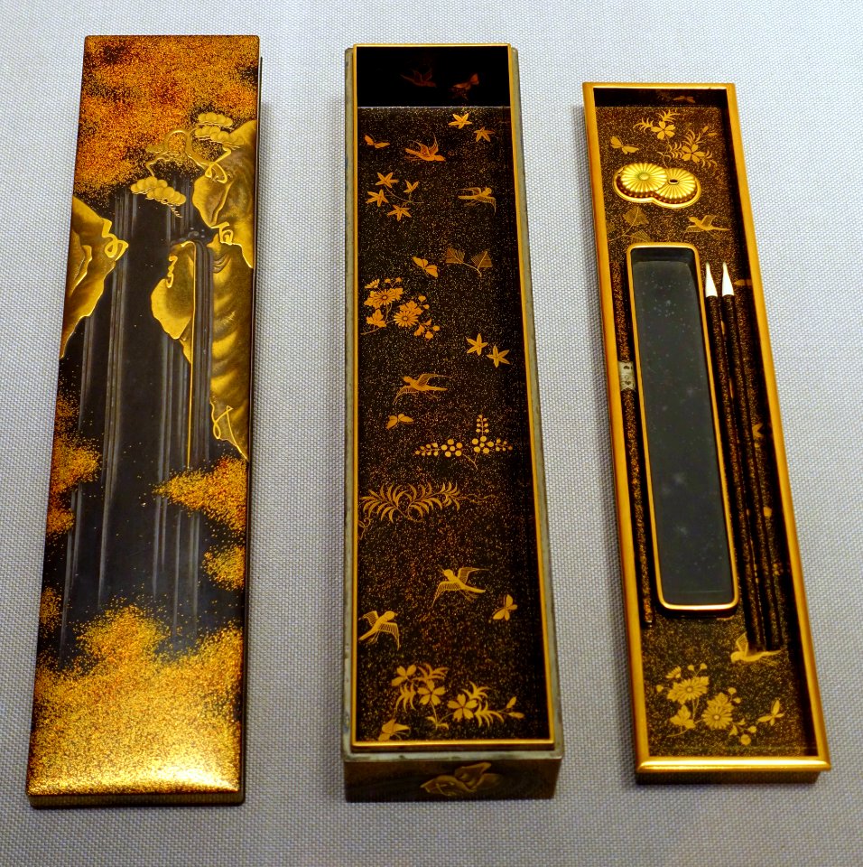Rectangular writing box with Nunobiki waterfall design, by Ogawa Shomin, Meiji era, 1800s AD, maki-e lacquer - Tokyo National Museum - Ueno Park, Tokyo, Japan - DSC09302
