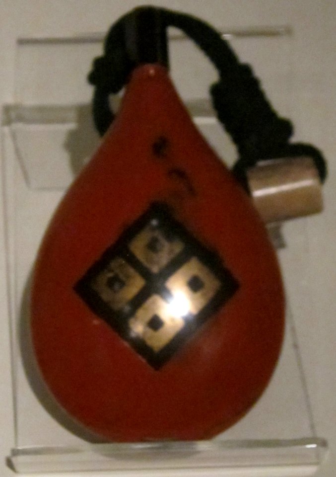 Red-lacquered gunpowder case, Edo period, 18th century, wood, lacquer and stag antler