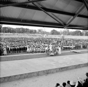 Publiek bij de ontvangt van het koninklijk gezelschap in het stadion van Paramar, Bestanddeelnr 252-4750