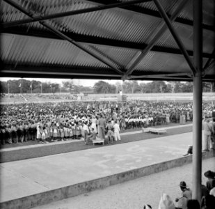 Publiek bij de ontvangt van het koninklijk gezelschap in het stadion van Paramar, Bestanddeelnr 252-4751