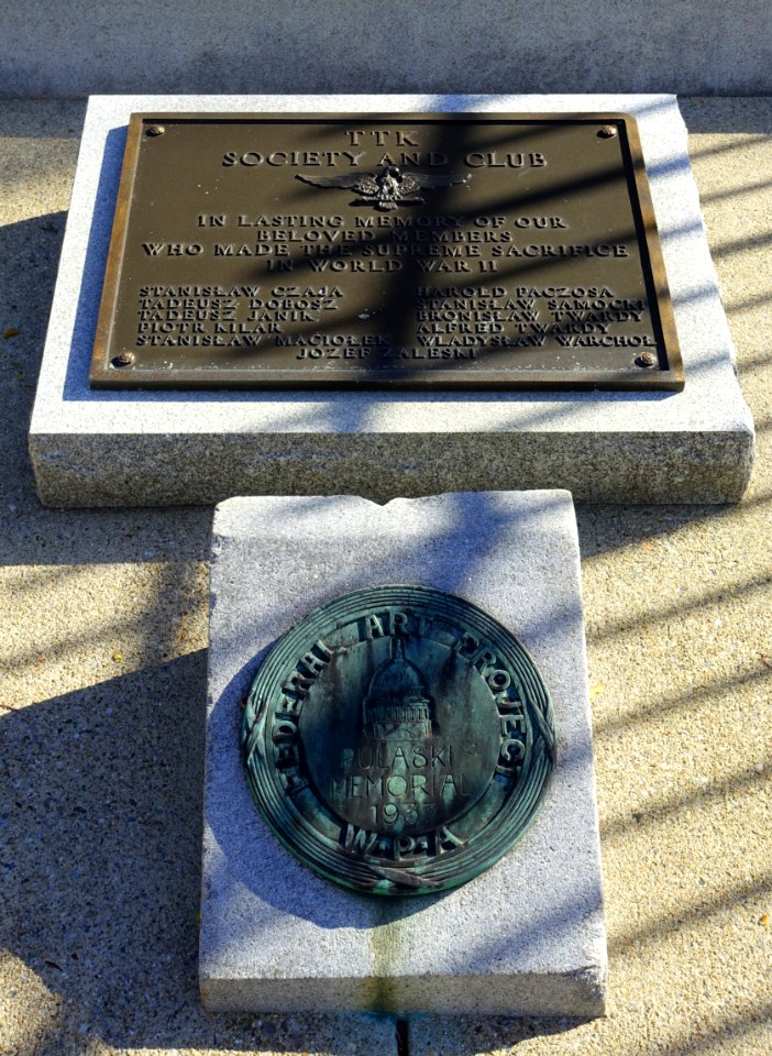 Pulaski Monument plaques, by Lucien Hippolyte Gosselin, dedicated 1938, funded by the Works Progress Administration - Manchester, NH - DSC07200