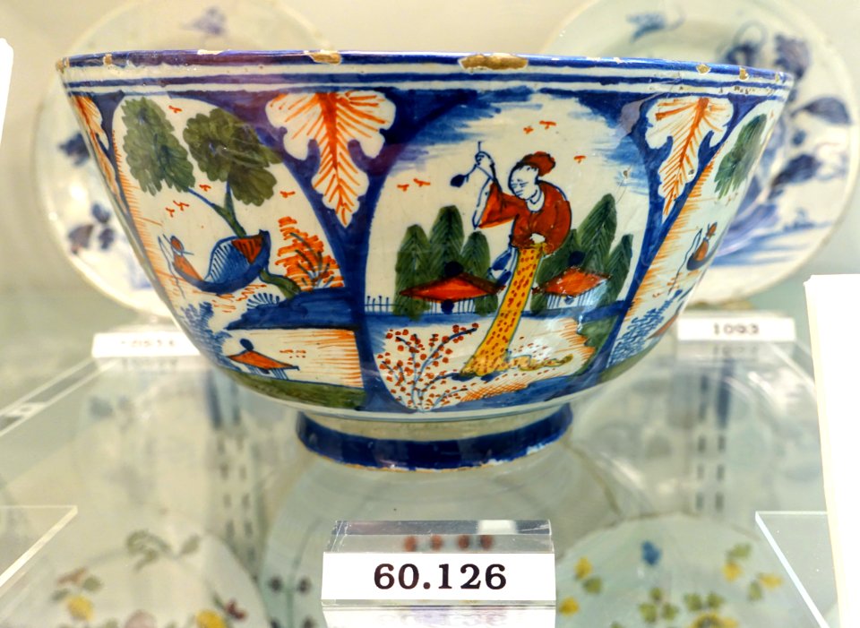 Punch bowl with Queen Anne and 'long Eliza' figures, view 2, Bristol, England, c. 1730, tin-glazed earthenware, HD 60.126 - Flynt Center of Early New England Life - Deerfield, Massachusetts - DSC04362