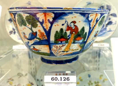 Punch bowl with Queen Anne and 'long Eliza' figures, view 2, Bristol, England, c. 1730, tin-glazed earthenware, HD 60.126 - Flynt Center of Early New England Life - Deerfield, Massachusetts - DSC04362