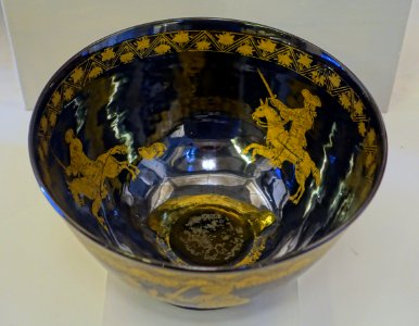 Punch bowl, England, probably Staffordshire, c. 1776, lead-glazed red earthenware, black glaze, gold, silver, HD 2014.3, view 2 - Flynt Center of Early New England Life - Deerfield, Massachusetts - DSC04874