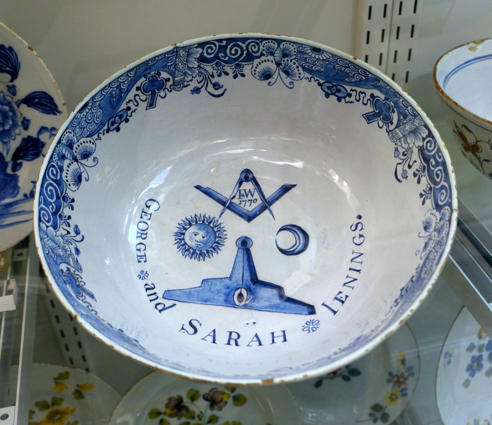 Punch bowl inscribed George and Sarah Jenings, with John Wilkes, view 2, London, England, dated 1770, tin-glazed earthenware, HD 57.109 - Flynt Center of Early New England Life - Deerfield, Massachusetts - DSC04383
