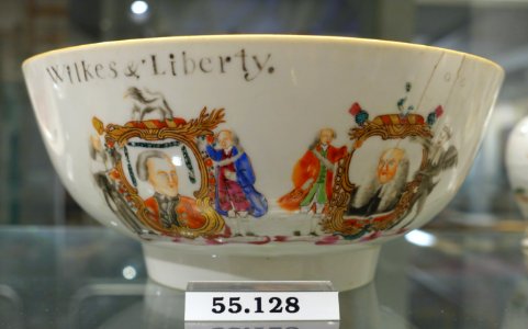 Punch bowl with John Wilkes, China, hard paste porcelain, overglaze enamels, gilt, HD 55.128, view 1 - Flynt Center of Early New England Life - Deerfield, Massachusetts - DSC04805