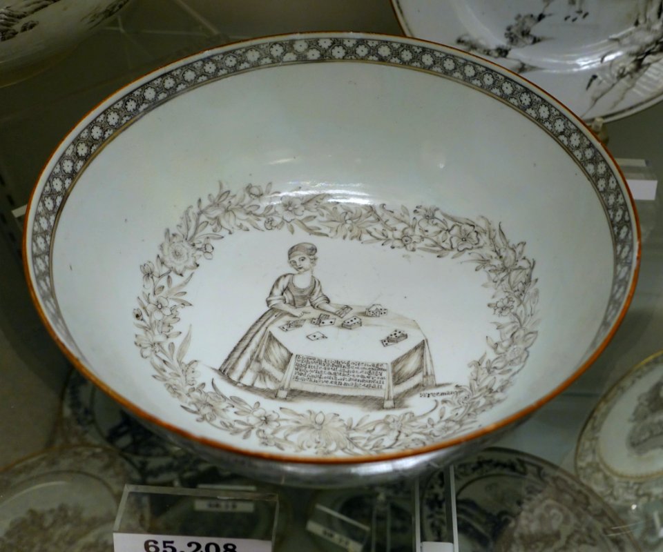Punch bowl, China, date 1738, hard paste porcelain, overglaze enamels, gilt, HD 65.208, view 2 - Flynt Center of Early New England Life - Deerfield, Massachusetts - DSC04763