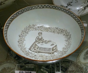 Punch bowl, China, date 1738, hard paste porcelain, overglaze enamels, gilt, HD 65.208, view 2 - Flynt Center of Early New England Life - Deerfield, Massachusetts - DSC04763