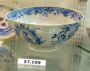 Punch bowl inscribed George and Sarah Jenings, with John Wilkes, view 1, London, England, dated 1770, tin-glazed earthenware, HD 57.109 - Flynt Center of Early New England Life - Deerfield, Massachusetts - DSC04380