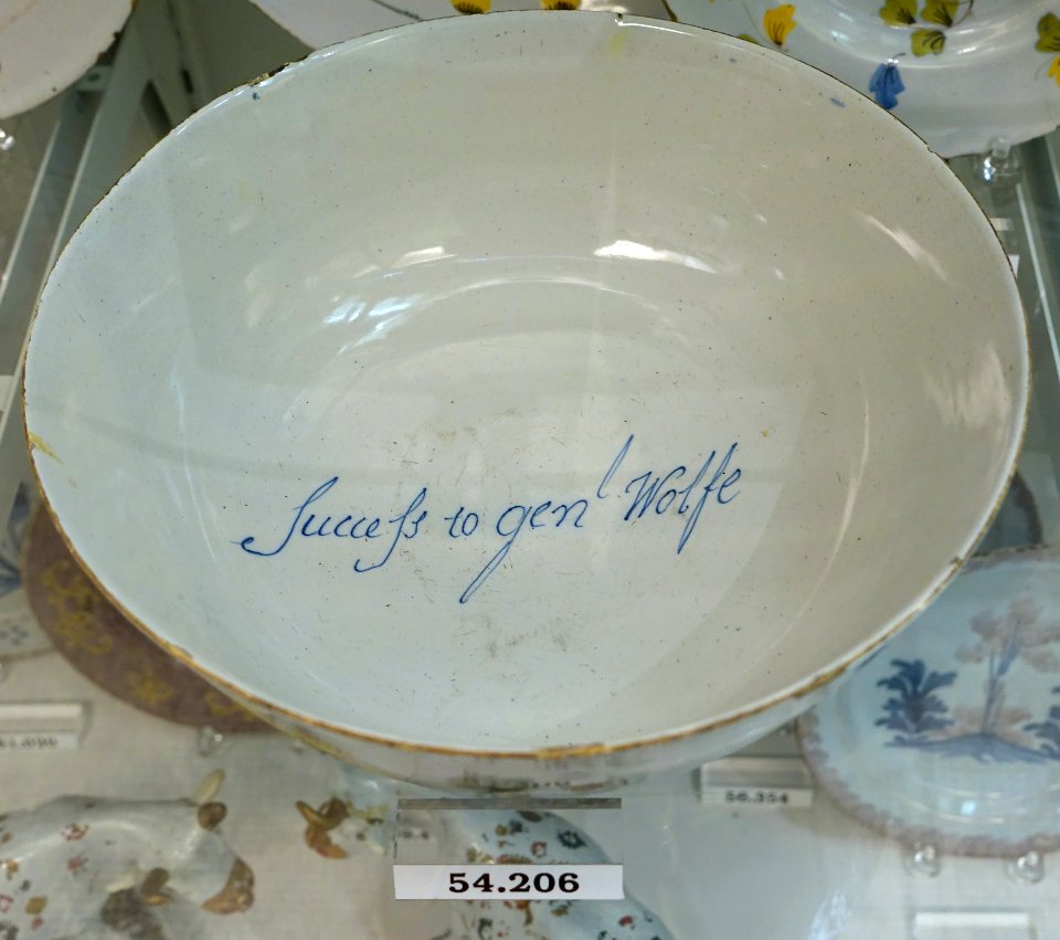 Punch bowl inscribed Success to genl Wolfe, view 2, Liverpool or Leinster, Dublin, 1756-1759, tin-glazed earthenware, HD 54.206 - Flynt Center of Early New England Life - Deerfield, Massachusetts - DSC04388
