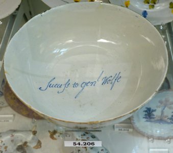 Punch bowl inscribed Success to genl Wolfe, view 2, Liverpool or Leinster, Dublin, 1756-1759, tin-glazed earthenware, HD 54.206 - Flynt Center of Early New England Life - Deerfield, Massachusetts - DSC04388