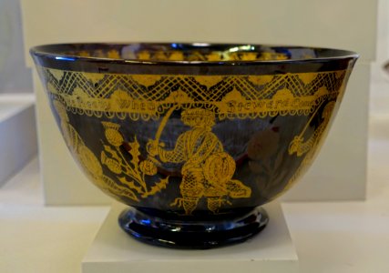 Punch bowl, England, probably Staffordshire, c. 1776, lead-glazed red earthenware, black glaze, gold, silver, HD 2014.3, view 1 - Flynt Center of Early New England Life - Deerfield, Massachusetts - DSC04868