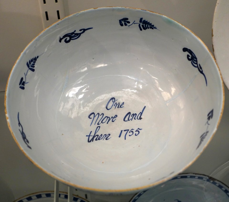 Punch bowl, England, probably Bristol, dated 1755, tin-glazed earthenware, item HD 91.093 - Flynt Center of Early New England Life - Deerfield, Massachusetts - DSC04297