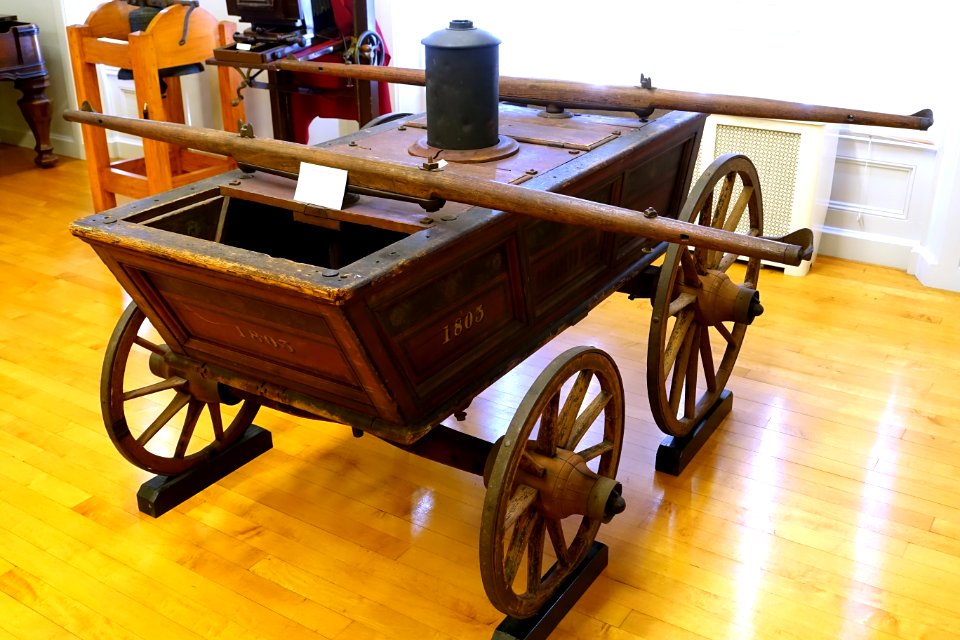 Pumper - Fire Wagon, c. 1785-1810, with painted design added in Victorian period - Old Colony History Museum - Taunton, Massachusetts - DSC03882