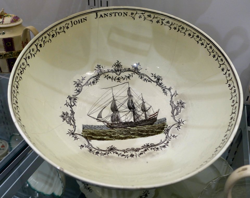 Punch bowl for John Janston, Josiah Wedgwood, c. 1780, transferware (creamware), HD 1130.1, view 2 - Flynt Center of Early New England Life - Deerfield, Massachusetts - DSC04589