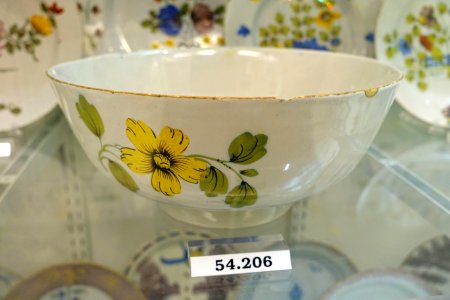 Punch bowl inscribed Success to genl Wolfe, view 1, Liverpool or Leinster, Dublin, 1756-1759, tin-glazed earthenware, HD 54.206 - Flynt Center of Early New England Life - Deerfield, Massachusetts - DSC04386