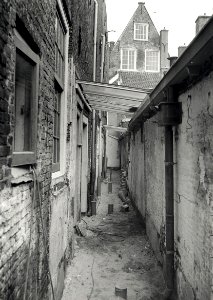 Proveniershuis, Links de achterkant van de aan de Doelstraat grenzende woningen, rechts de achterzijde van de huisjes aan het Proveniershuis. Aangekocht in 1984 van United Photos de Boer bv., NL-HlmNHA 54014421