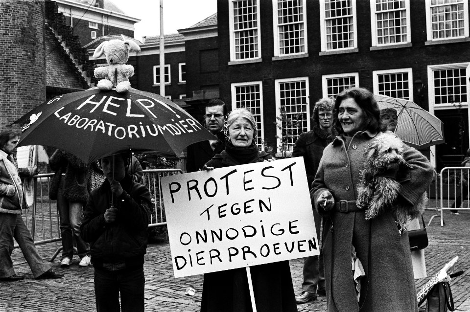 Protest tegen vivisectie in het kader van het werelddier weekend voor laboratorium-dieren, enkele demonstranten op Binnenhof, Bestanddeelnr 931-4484
