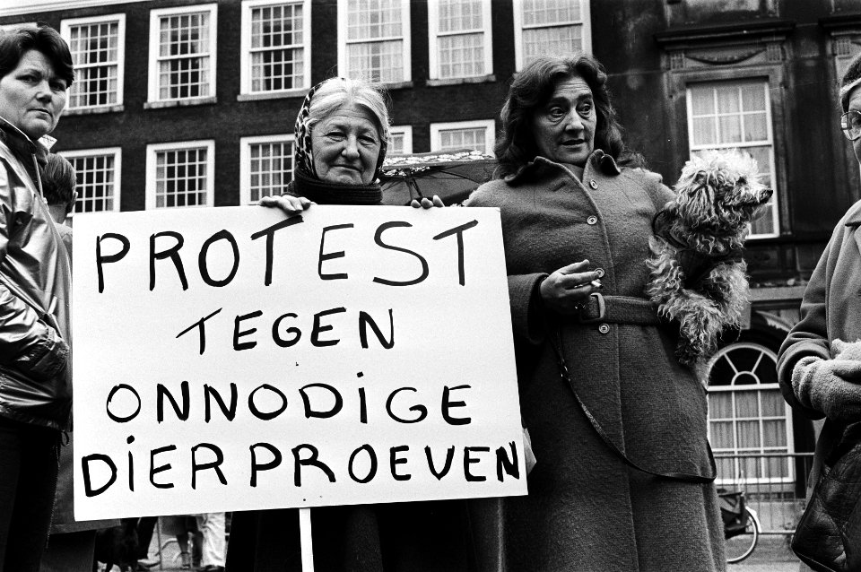 Protest tegen vivisectie in het kader van het werelddier weekend voor laboratorium-dieren, enkele demonstranten op Binnenhof, Bestanddeelnr 931-4485